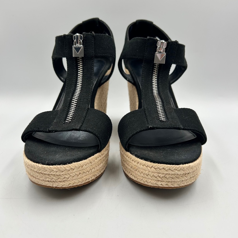 Michael Kors Wedge Sandals Black Womens 10.5 Canvas Espadrille Zipper EUC - Picture 5 of 8